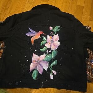 Black Denim Jacket with Hand-Painted Pink Floral and Hummingbird Design